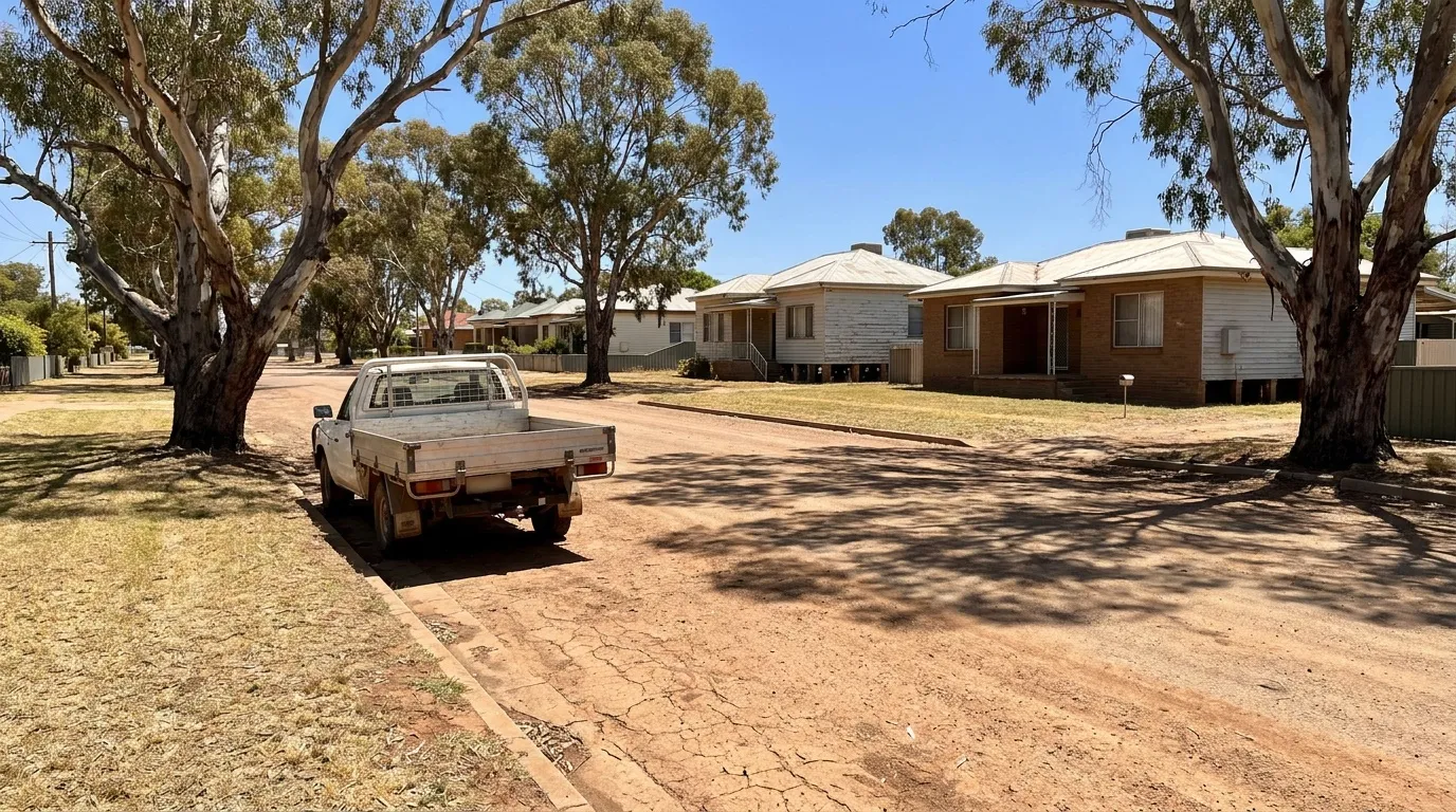 Street of older weatherboard homes on stumps in a Murray River town