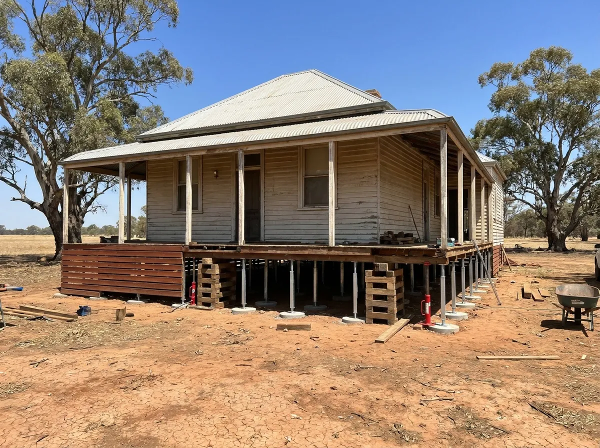Older weatherboard house in a Murray River town raised on timber cribbing with new galvanised steel stumps under the bearers